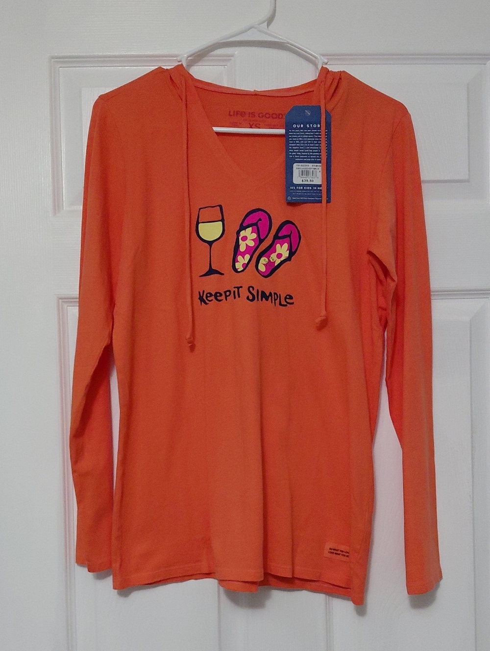 Life Is Good Womens Orange L/S Hooded Tee 36 inch Bust Wine Flip Flop Graphic